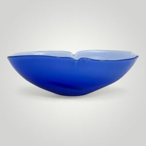Handblown Art Glass Bowl Cobalt Blue White Interior Murrine 8.5 in Scalloped Rim